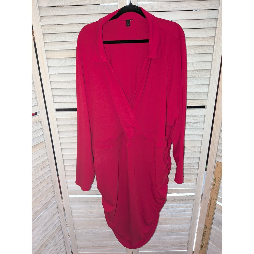 Torrid Red Ruched Mini Jersey Long Sleeve Collar Surplice Dress plus size 5X - Picture 4 of 9
